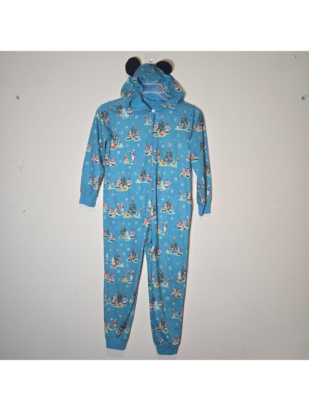 Disney Parks Mickey Mouse Christmas Winter Pajama Hood Ears Zip Youth sz 7/8